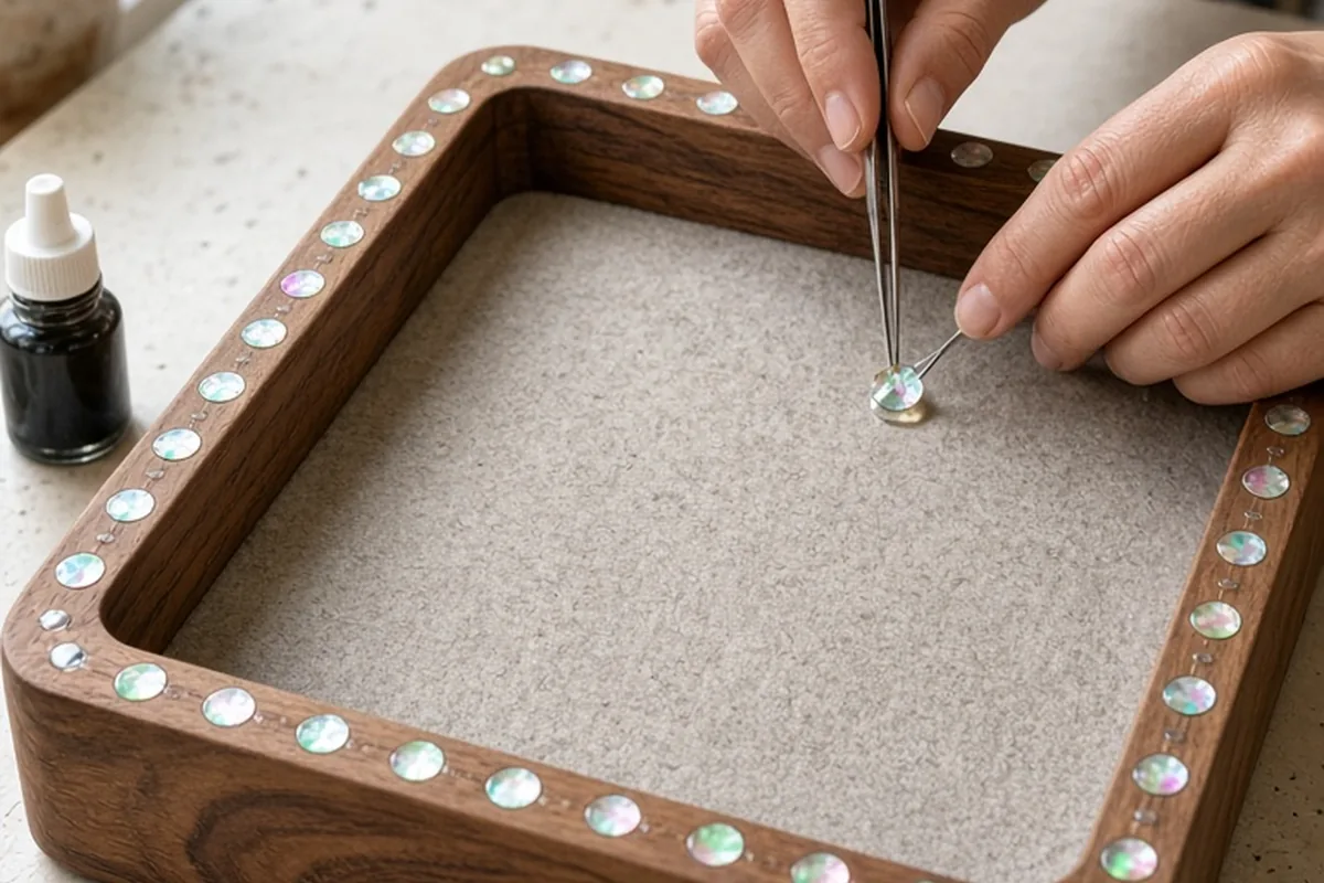 A pair of adult hands attaching iridescent mother-of-pearl dots to the edges of a walnut valet tray using clear epoxy on a wooden desk