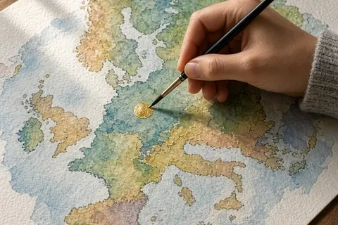 Close-up of a hand marking a coordinate on a watercolor map with gold gouache at a wooden desk.