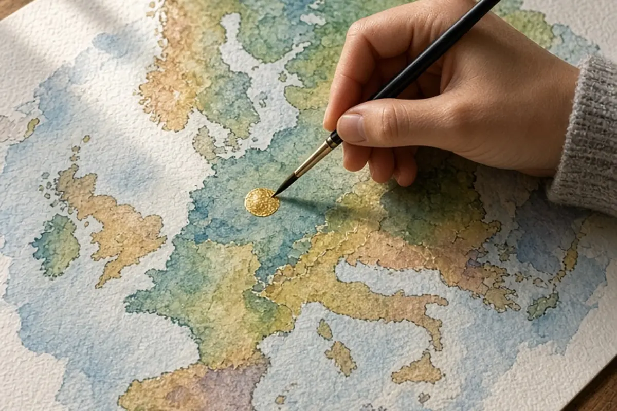 Close-up of a hand marking a coordinate on a watercolor map with gold gouache at a wooden desk.