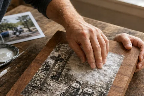 A close-up of a man's hands rubbing the backing paper from a transferred photograph on a sanded reclaimed walnut board to reveal the image embedded in the wood grain.