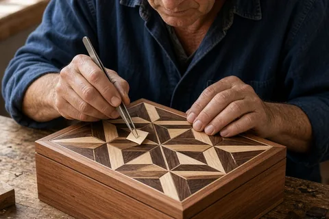 A craftsman with short salt-and-pepper hair carefully inlaying geometric diamond patterns using walnut and maple veneers onto the lid of a wooden box on a workbench in a workshop