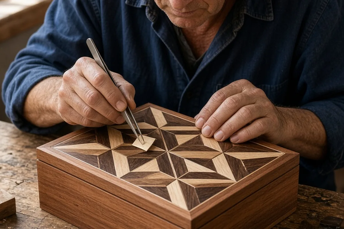 A craftsman with short salt-and-pepper hair carefully inlaying geometric diamond patterns using walnut and maple veneers onto the lid of a wooden box on a workbench in a workshop