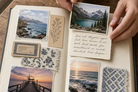 A pair of hands arranging printed photographs, a concert ticket stub, a postcard, and a handwritten note into an open scrapbook on a wooden desk
