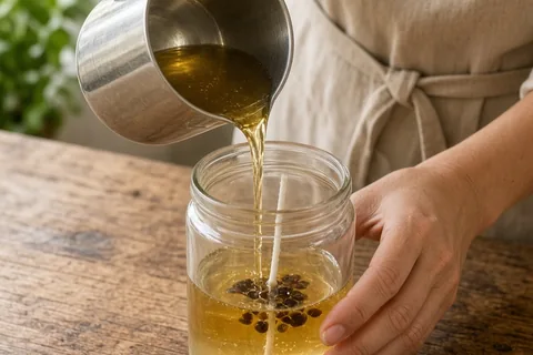 A woman's hands pouring melted soy wax into a glass jar with a wick in a home kitchen