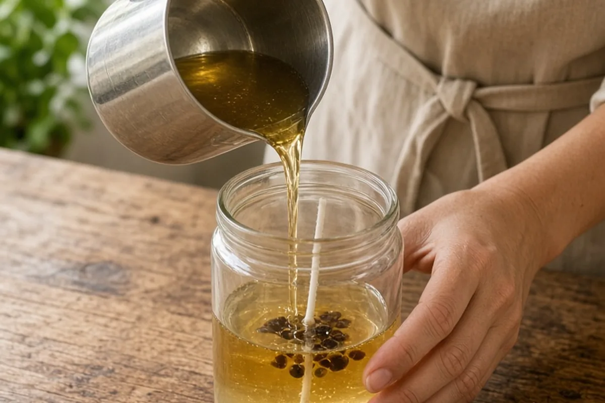 A woman's hands pouring melted soy wax into a glass jar with a wick in a home kitchen