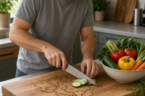 Man in casual t-shirt slicing vegetables on a custom engraved oak cutting board in a kitchen.
