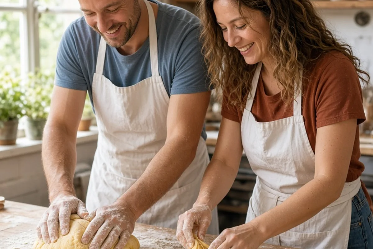 A couple in a cooking class kneading pasta dough together on a wooden counter.