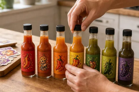A pair of hands assembling a flight of hot sauce bottles with colorful warning labels on a wooden kitchen counter under natural window light