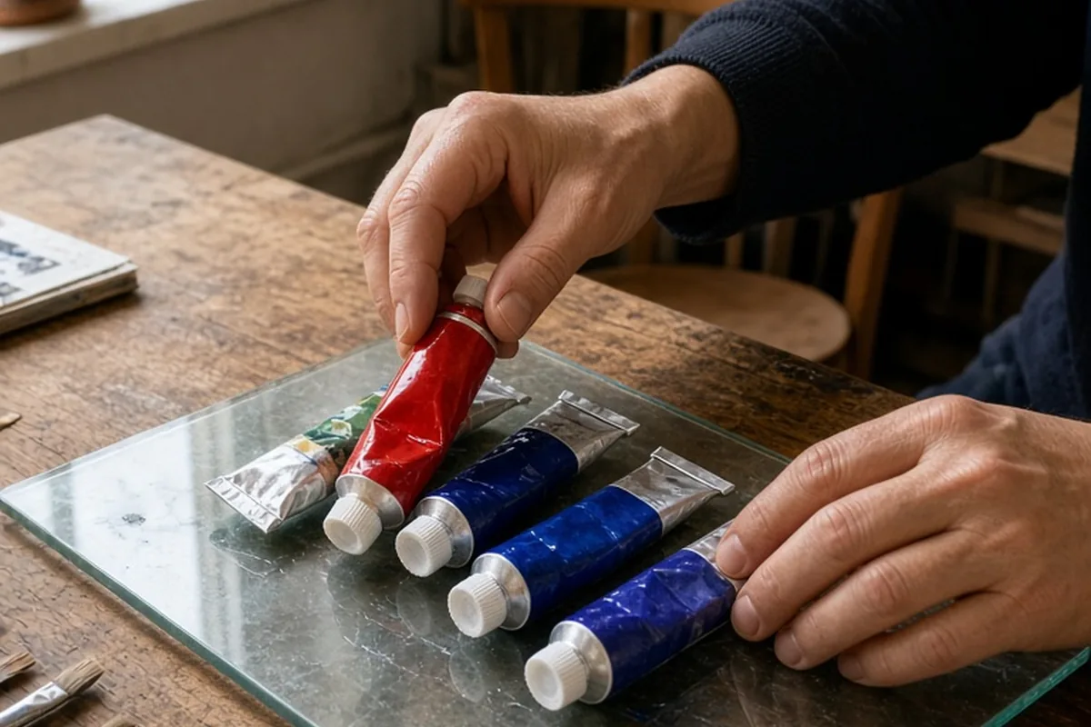 A pair of artist's hands with natural skin texture and neatly trimmed fingernails carefully arranging several tubes of professional oil paint including cadmium red on a heavy tempered glass palette re