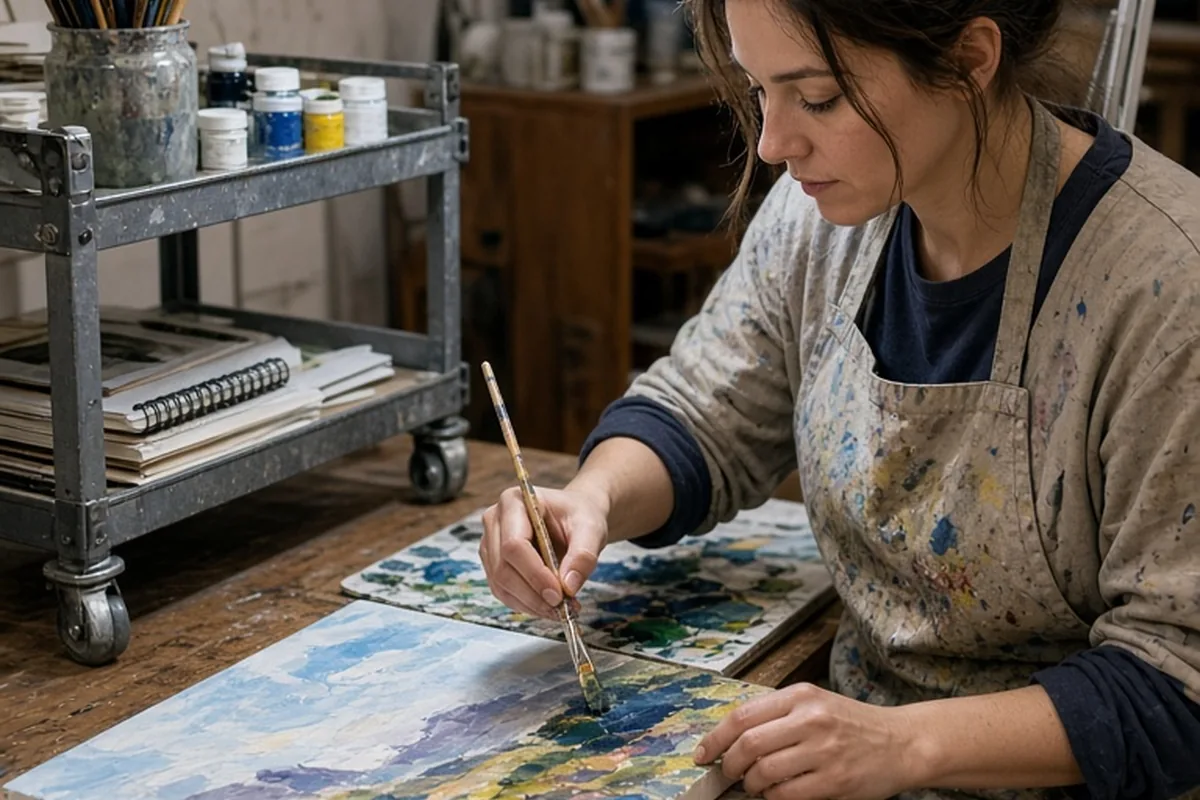 A woman artist painting at her desk with a daylight lamp on and a studio cart nearby