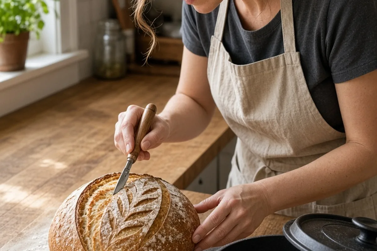 A woman in her kitchen using a wooden scoring lame to score a loaf of dough with a cast-iron Dutch oven in the background
