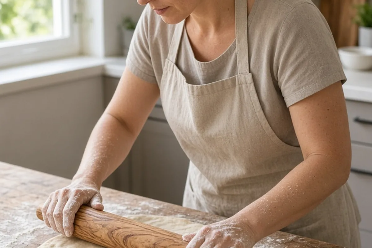 Close-up of a female baker rolling dough with a French rolling pin on a floured kitchen counter