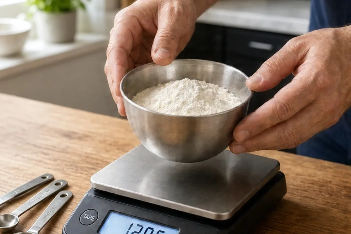 A man's hands using a digital kitchen scale to measure ingredients in a kitchen setting