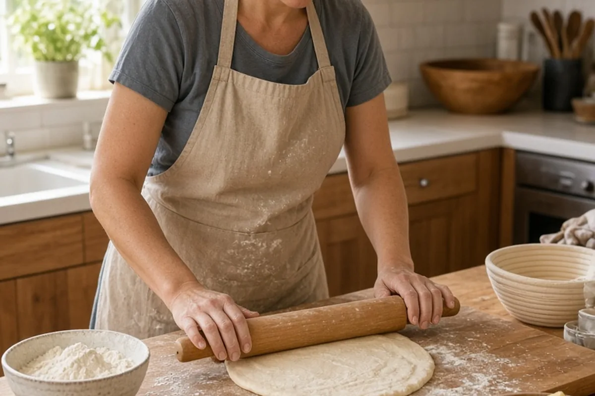 A woman rolling dough with a rolling pin while standing on an anti-fatigue mat in her kitchen