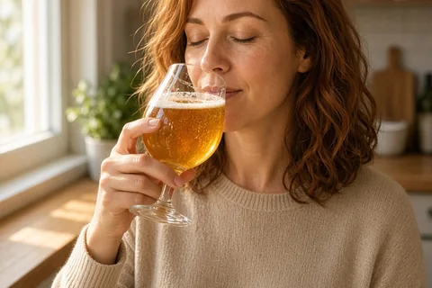 A woman with auburn hair holding a tulip beer glass to her nose in a kitchen with amber beer inside the clear glass