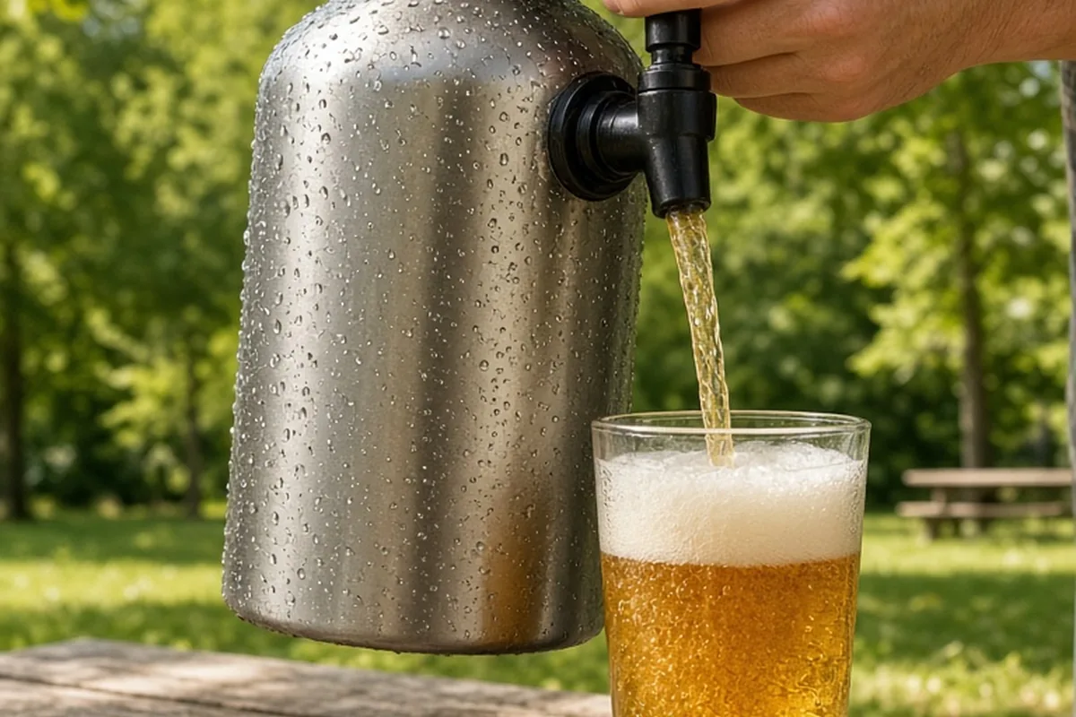 A pair of adult hands pouring fresh beer from a pressurized growler with tap handle into a glass at an outdoor picnic table in a sunny park.