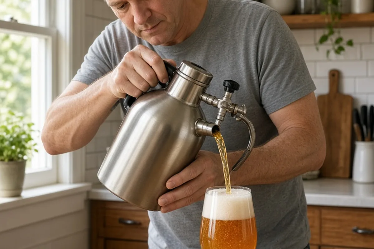 A man in a kitchen carefully pouring amber ale from a stainless steel growler into a crystal glass on the counter with foam