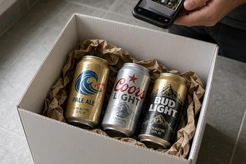 A clearly adult man holding a smartphone and photographing three empty beer cans in a recycling bin