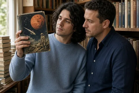 Two men examining a vintage hardcover book together in a bookstore aisle