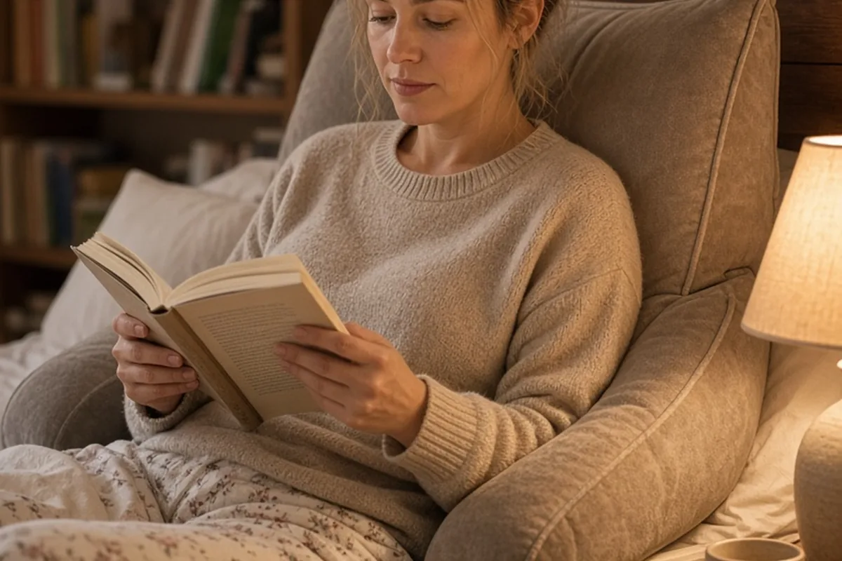 Woman in bed reading a book while supported by a reading pillow with armrests