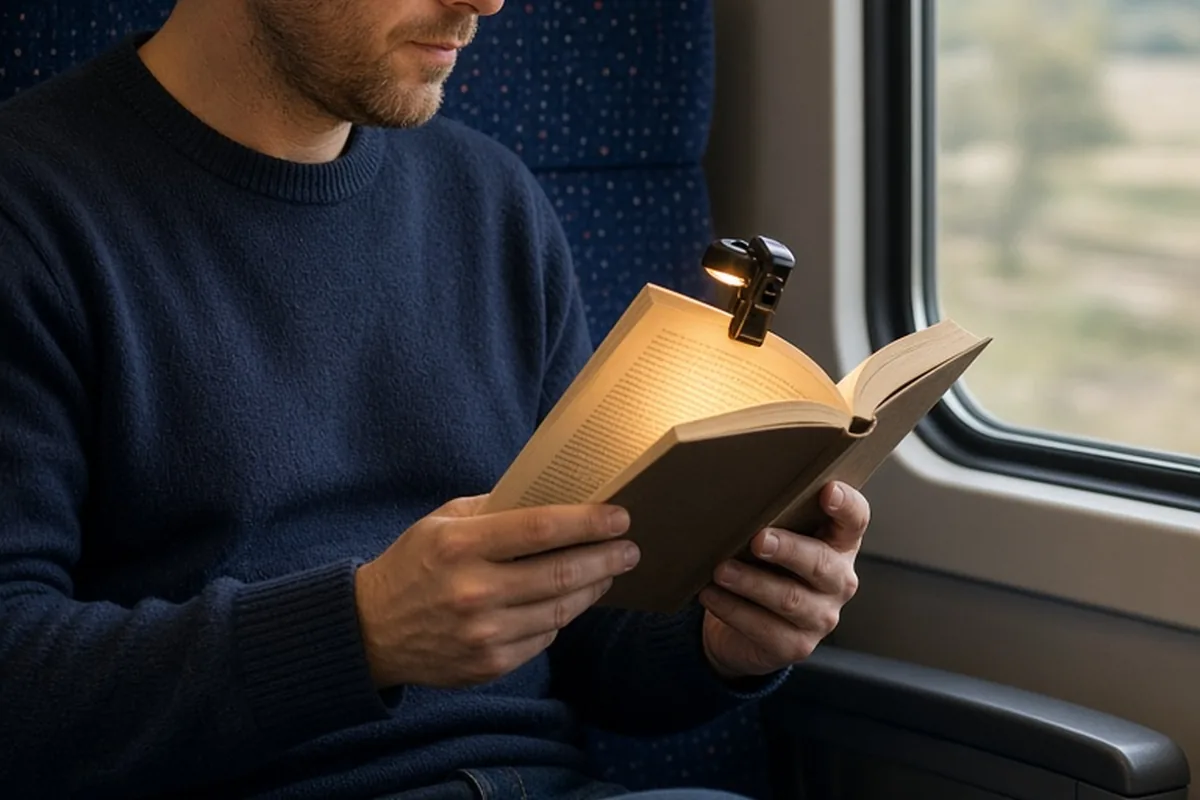 A man sitting on a train reading a book with a clip-on amber reading light angled over the open pages.