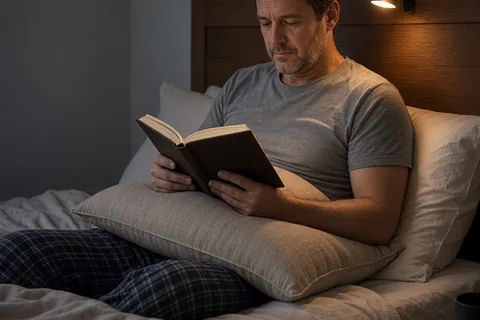 A middle-aged man reading an open book in bed under warm amber clip-on reading light with weighted linen pillow on his lap
