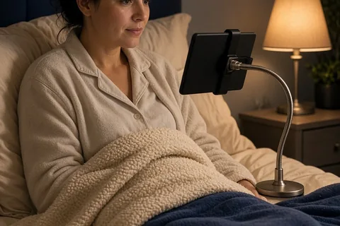 A woman in bed reading from an e-reader on a gooseneck stand wrapped in a fleece blanket
