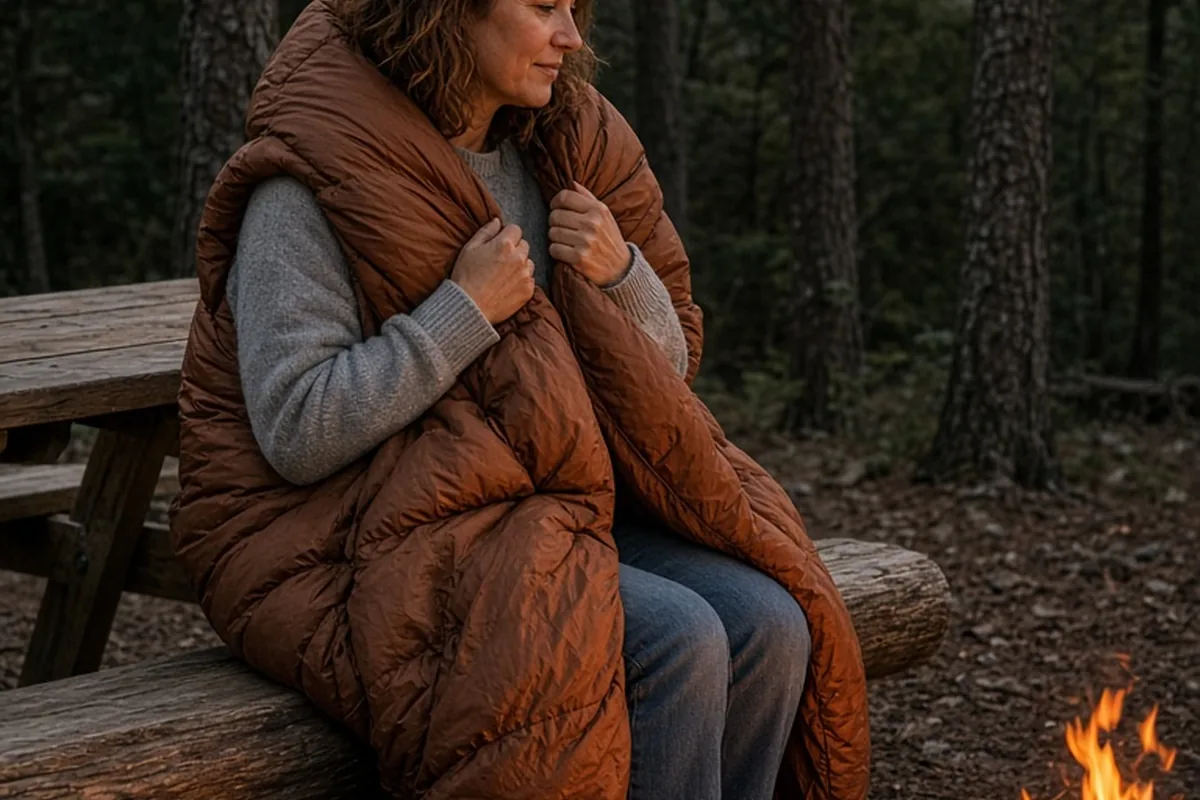 A clearly adult woman with shoulder-length wavy brown hair sitting wrapped in a puffy blanket by a campfire at a campsite