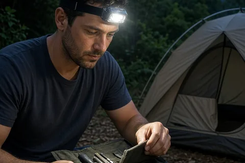 A man at a campsite at twilight using a headlamp and tool roll organizer to organize his camping gear and prepare to pitch the tent.