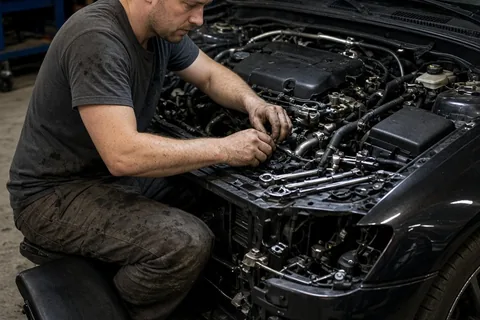 A man in his thirties working on his sport coupe in a garage using a rolling work seat and bright LED light bar to illuminate the engine bay