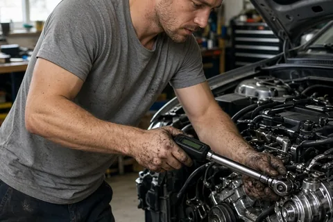 A man leaning over a car engine in a garage using a digital torque wrench to tighten a bolt