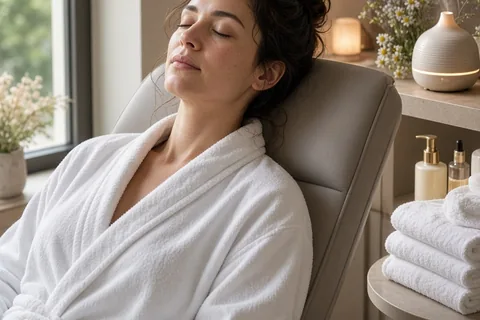A clearly adult woman with dark brown hair in a loose bun wearing a white spa robe lying in a spa treatment chair with eyes closed receiving spa treatment relaxation in a boutique wellness spa treatme