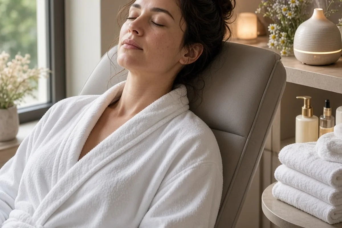 A clearly adult woman with dark brown hair in a loose bun wearing a white spa robe lying in a spa treatment chair with eyes closed receiving spa treatment relaxation in a boutique wellness spa treatme