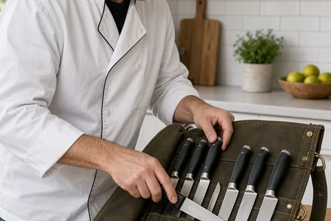 Chef packing knives into a heavy-duty waxed canvas knife roll with brass buckles in a modern kitchen
