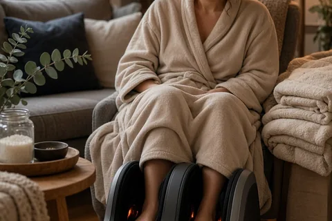 A woman in her early thirties with dark wavy hair in a loose bun wearing a soft beige robe sits relaxed in a living room with her bare feet in an active heated shiatsu foot massager, a tray with eucal