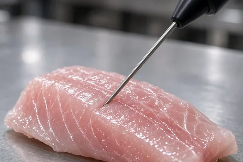 Extreme close-up of a professional digital thermocouple thermometer probe inserted into a raw fish fillet on a kitchen counter