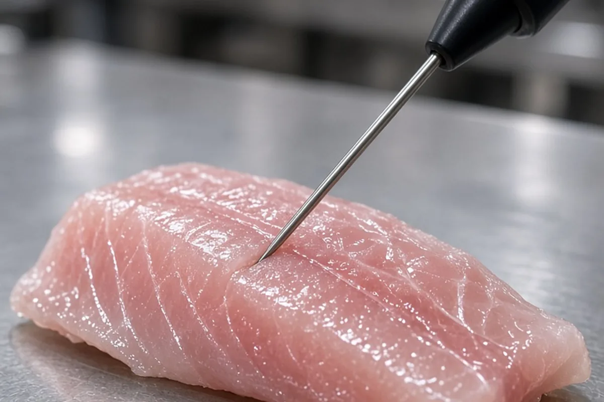 Extreme close-up of a professional digital thermocouple thermometer probe inserted into a raw fish fillet on a kitchen counter