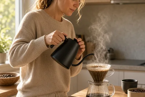 Woman carefully pouring coffee from a gooseneck kettle into a pour-over dripper in a bright kitchen