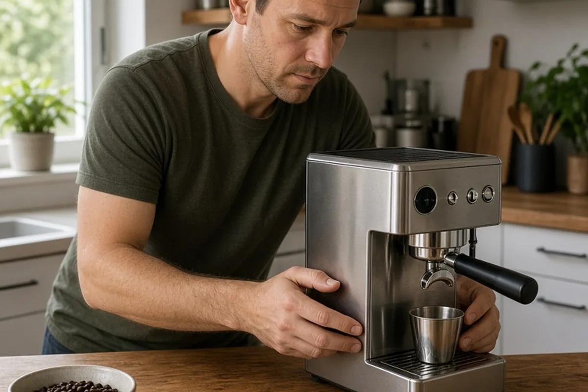 A man in his thirties with short brown hair and light stubble examining an espresso machine on his kitchen counter with coffee beans in a bowl nearby