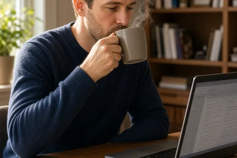 A man in his mid-thirties with short brown hair and light stubble sits at a wooden desk in a sunlit home office, lifting a steaming temperature-controlled ceramic smart mug to his lips for a sip as he