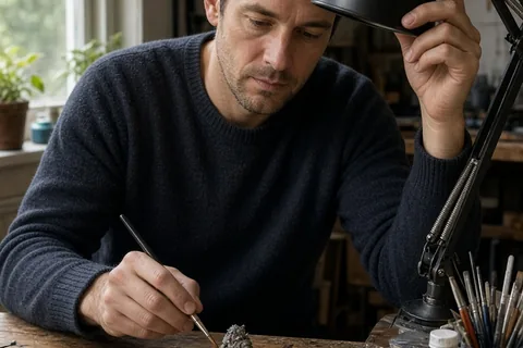 A man adjusting an articulating bench lamp at his workbench while painting a miniature
