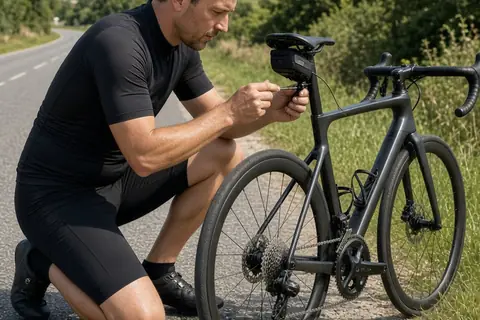 A male cyclist kneeling next to his road bicycle on a scenic country road, using a tool to mount a black radar safety sensor on the seatpost, captured from a three-quarter angle