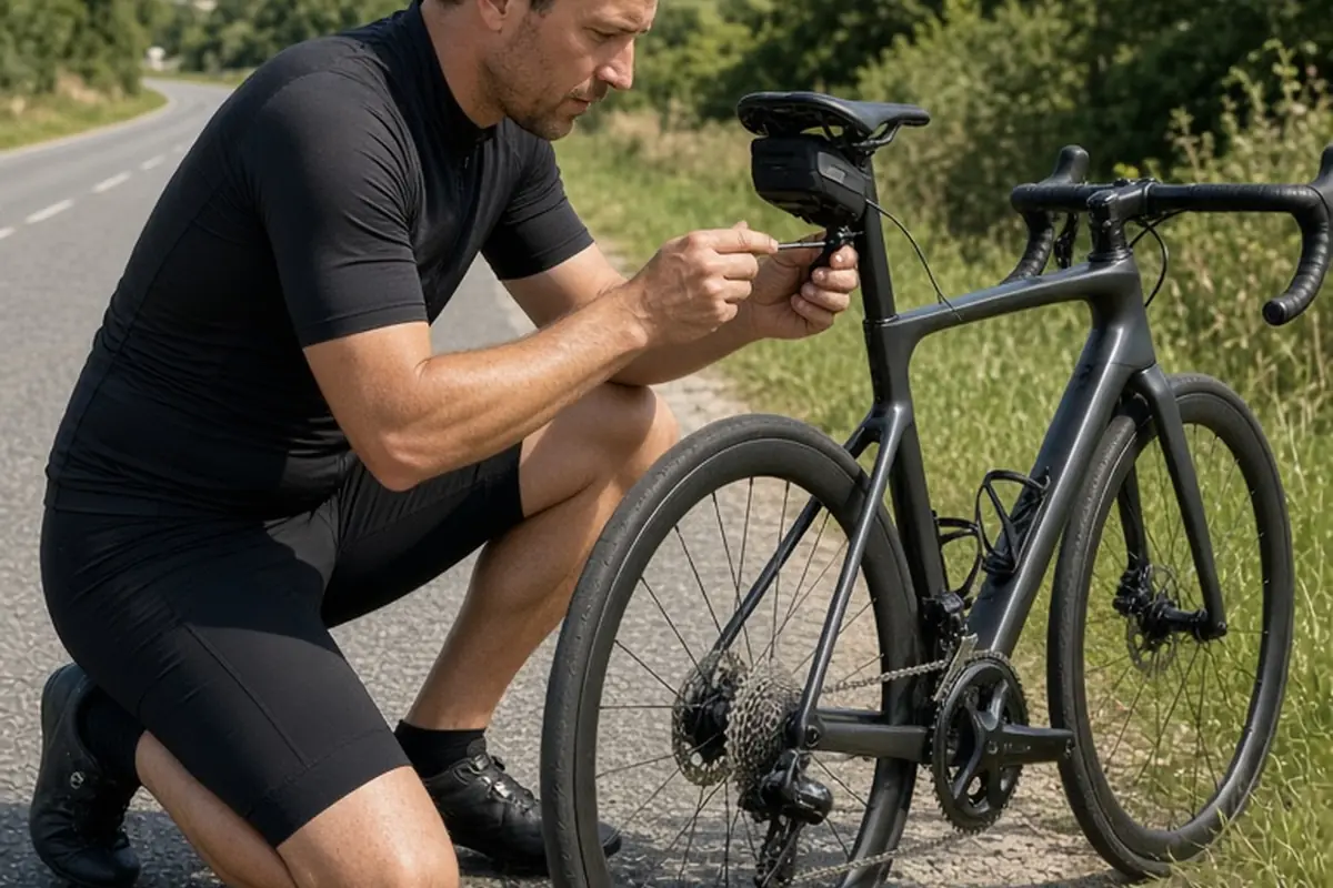 A male cyclist kneeling next to his road bicycle on a scenic country road, using a tool to mount a black radar safety sensor on the seatpost, captured from a three-quarter angle