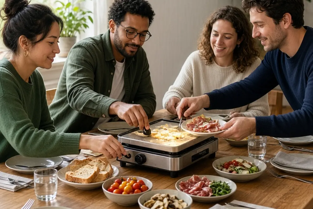 Diverse group of friends seated at a wooden table in a home dining room actively using an electric raclette grill to prepare and share a meal together