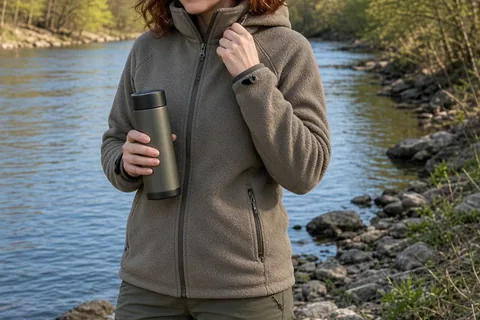 A woman in her mid-thirties with shoulder-length auburn hair wearing a windproof fleece jacket and holding a thermos while standing by a riverbank in early spring