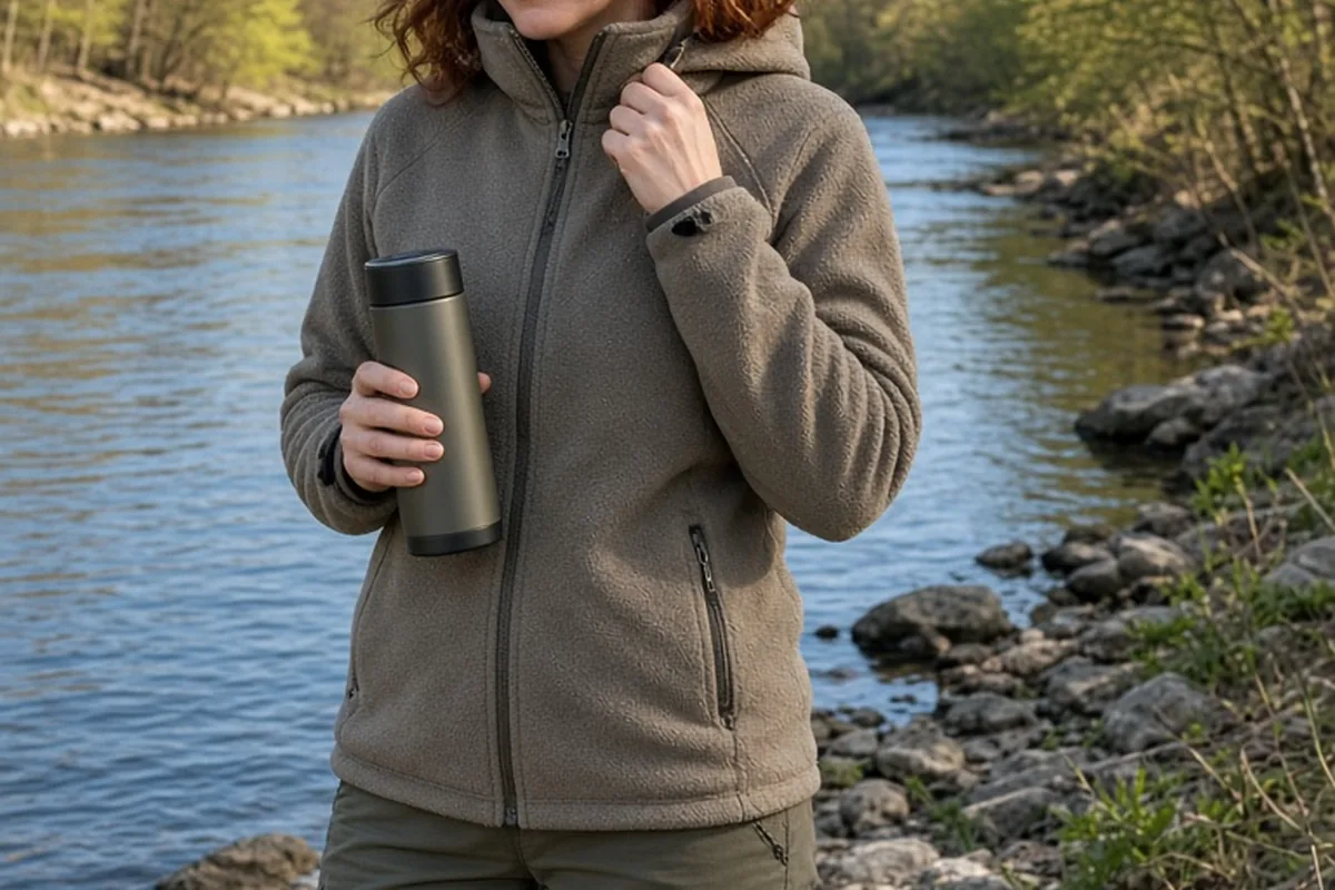 A woman in her mid-thirties with shoulder-length auburn hair wearing a windproof fleece jacket and holding a thermos while standing by a riverbank in early spring