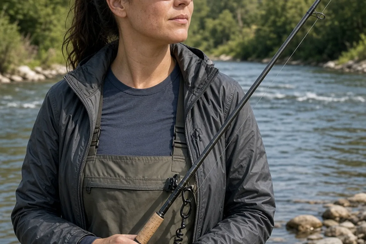 A clearly adult woman on a sunny riverbank wearing specialized polarized sunglasses with a tailored narrow fit, holding a fishing rod