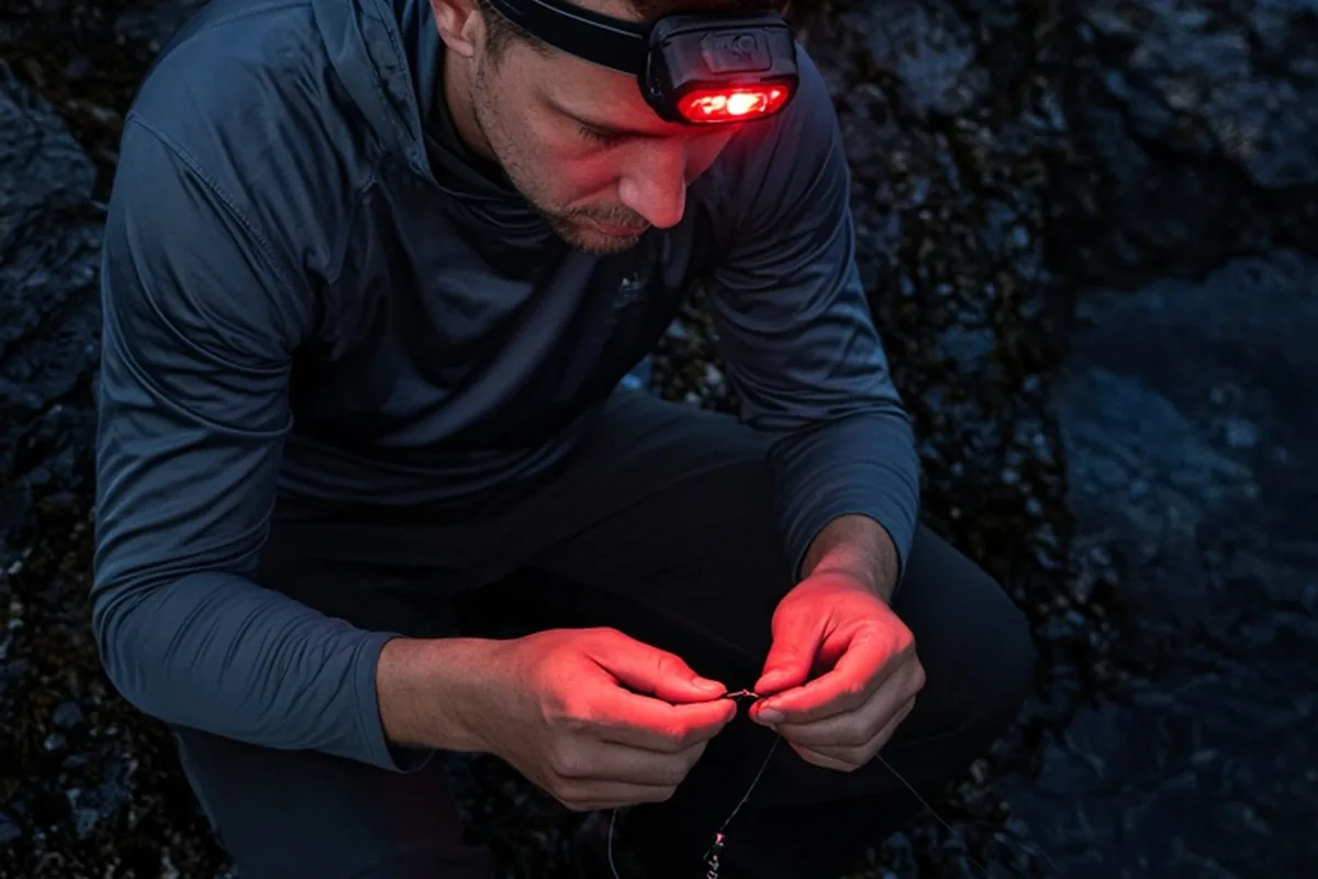 A man tying a fishing line knot with a red light headlamp at night on a rocky shoreline