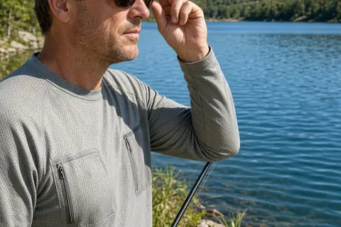 A man in his 40s wearing polarized sunglasses stands by a lake gazing at the water surface while holding a fishing rod