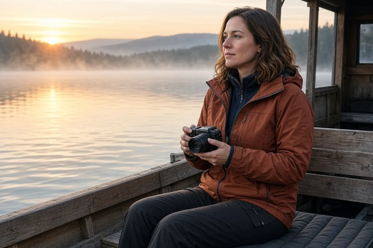 Woman in thermal jacket sitting on boat with heated pad looking at lake at dawn